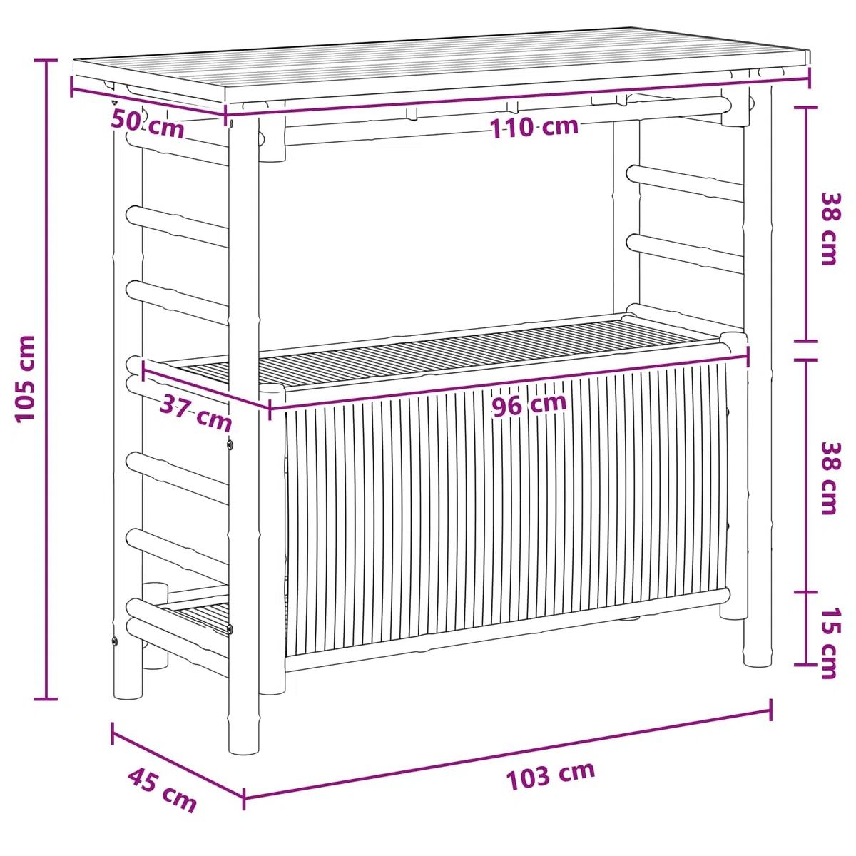 vidaXL Table de bar extérieure Naturel 110 x 50 x 105 cm Bambou, Table de bar tendance, résistante, pour l'extérieur, parfaite pour soirées d’été, jardin, déco écolo et minimaliste