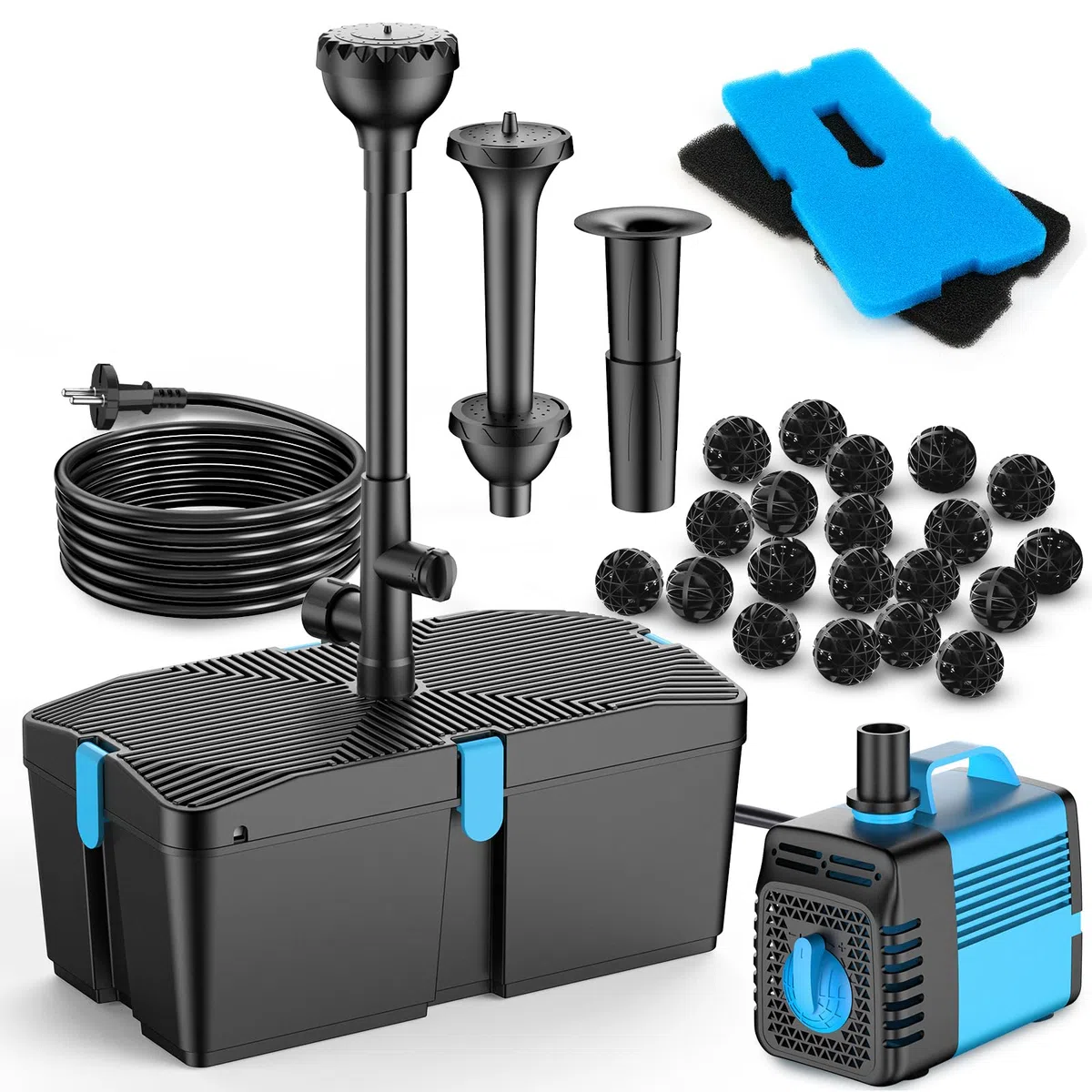 Pompe de bassin avec filtre et kit fontaine, 60W 3100L/H, filtre pour bassins extérieurs, propre pour koï