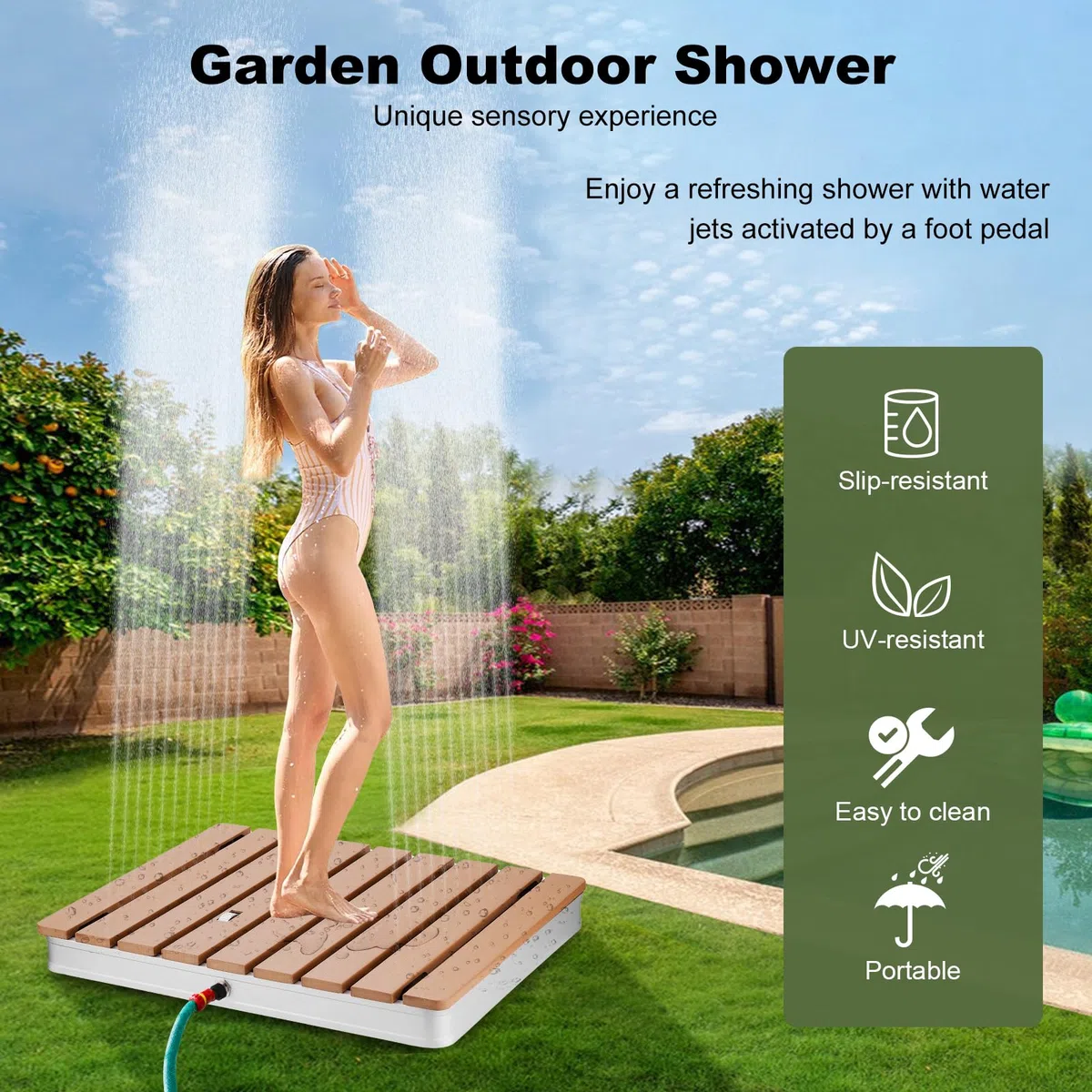 Douche de Sol avec Commande à Pédale, Hauteur Max. 3,5 m, Douche Extérieur Résistante aux UV et Antidérapante pour Piscine, Jardin et Sauna