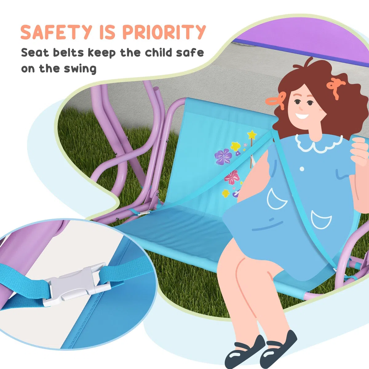 Outsunny Balançoire 2 places pour enfants avec auvent réglable, banc de jardin double sur le thème des fées avec ceintures de sécurité pour patio, parc, porche, pour enfants de 3 à 6 ans, couleur