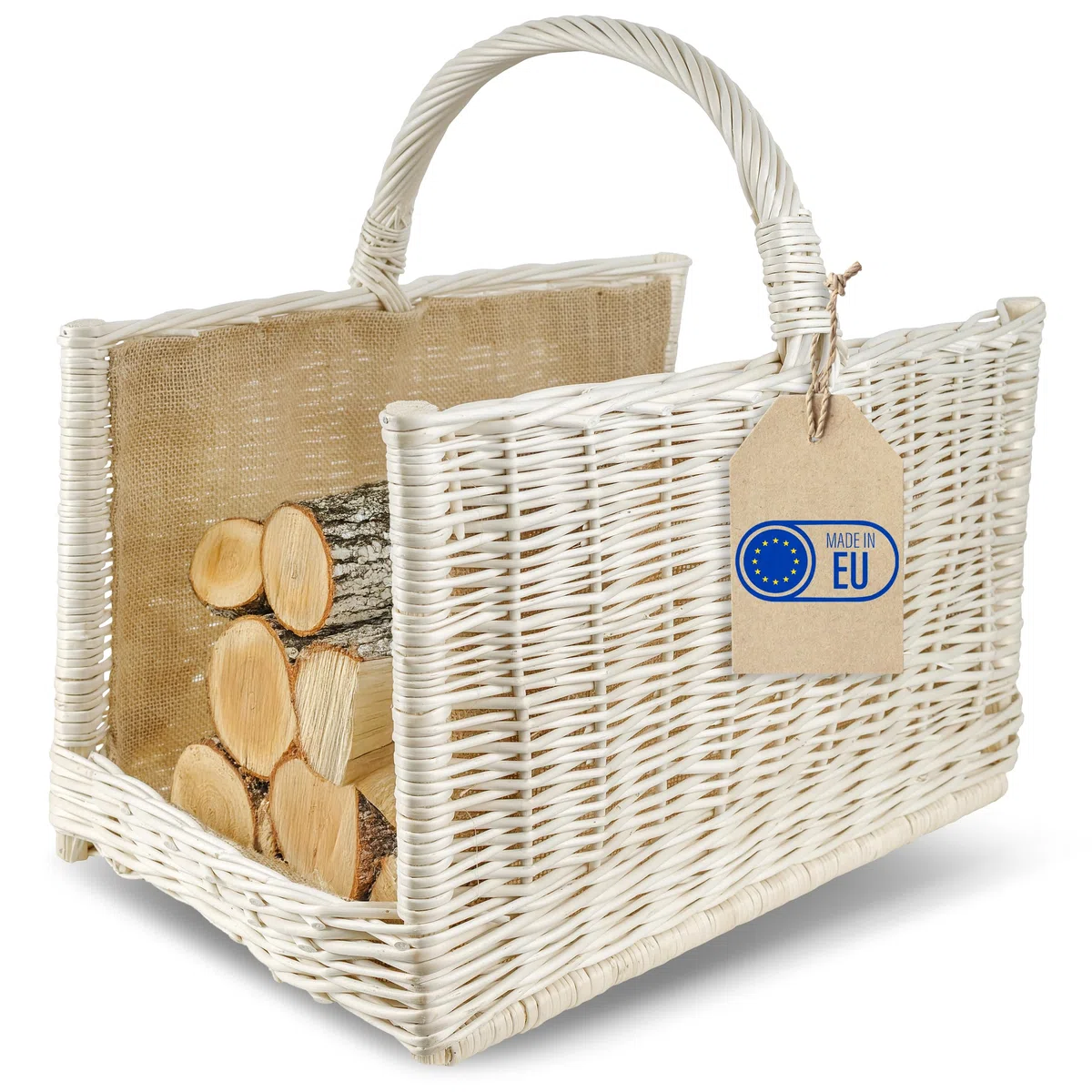Panier de Rangement en Osier 50x34x50cm Blanc Tissé à la Main avec Poignée et Jute
