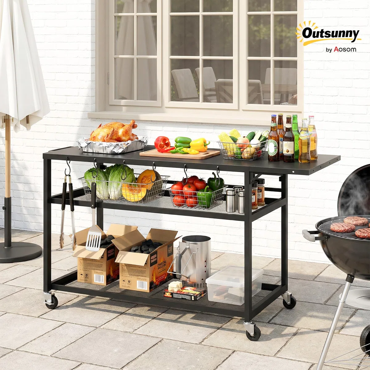 Outsunny Desserte Jardin Chariot de Barbecue sur roulettes îlot de Cuisine avec Plateau Latéral Pliable, Trois Étagères, Crochets et Poinége, 133 x 48,5 x 82 cm, Noir