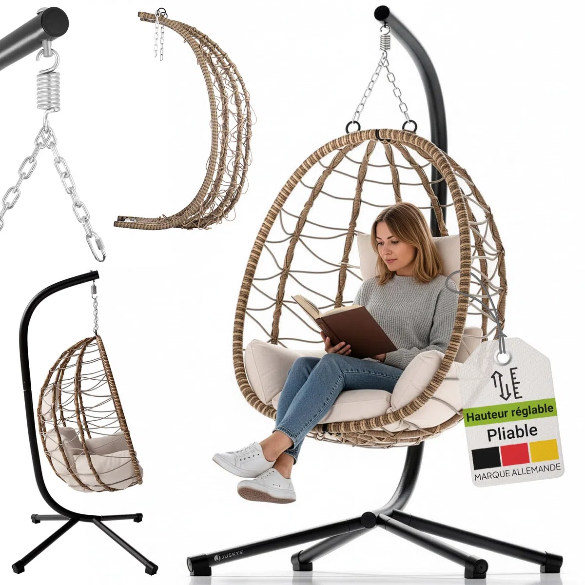 Juskys Fauteuil Suspendu Aria avec Coussin - réglable en Hauteur et Pliable - Balancelle en rotin synthétique pour l'extérieur et l'intérieur - Siège en Osier Beige jusqu'à 130 kg