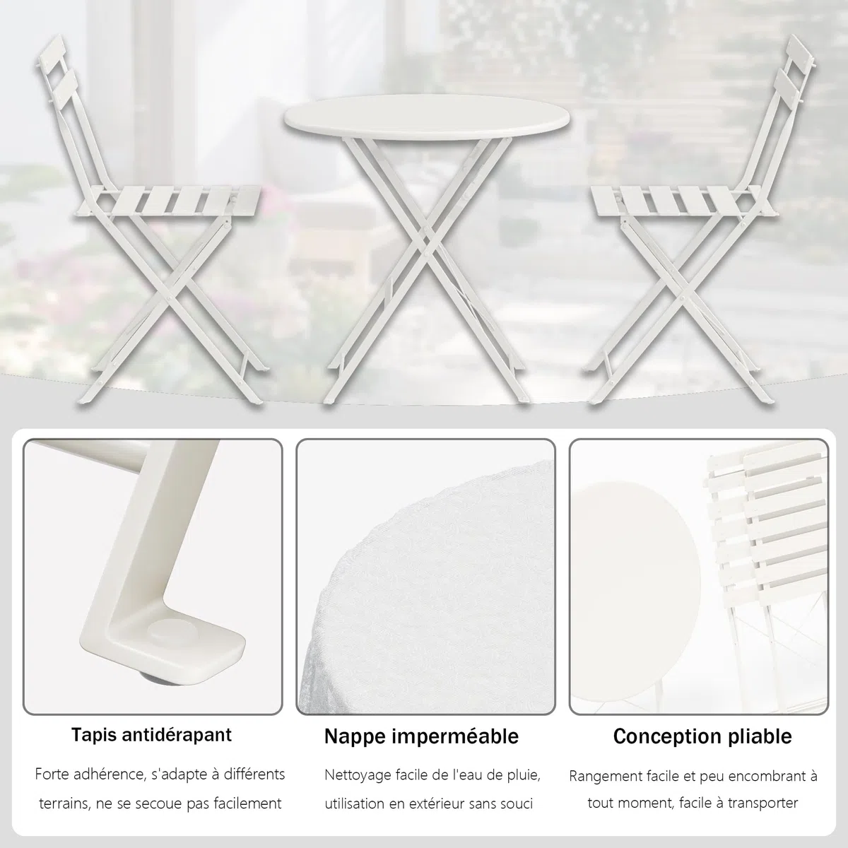 DEWINNER Ensemble De Table Et Chaises De Jardin, Salon De Jardin Extérieur 3 Pièces, Table Ronde avec 2 Chaises Pliantes, Pliable, Blanc, Nappe Imperméable Incluse, pour Balcon, Terrasse, Cour