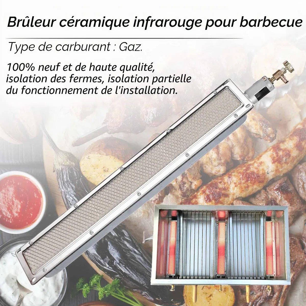 Brûleur latéral infrarouge - Brûleur latéral infrarouge - Barbecue à gaz - Élément chauffant - Chauffage en céramique - Pour cuisiner, griller, rôtir le camping - 57 x 9,5 cm