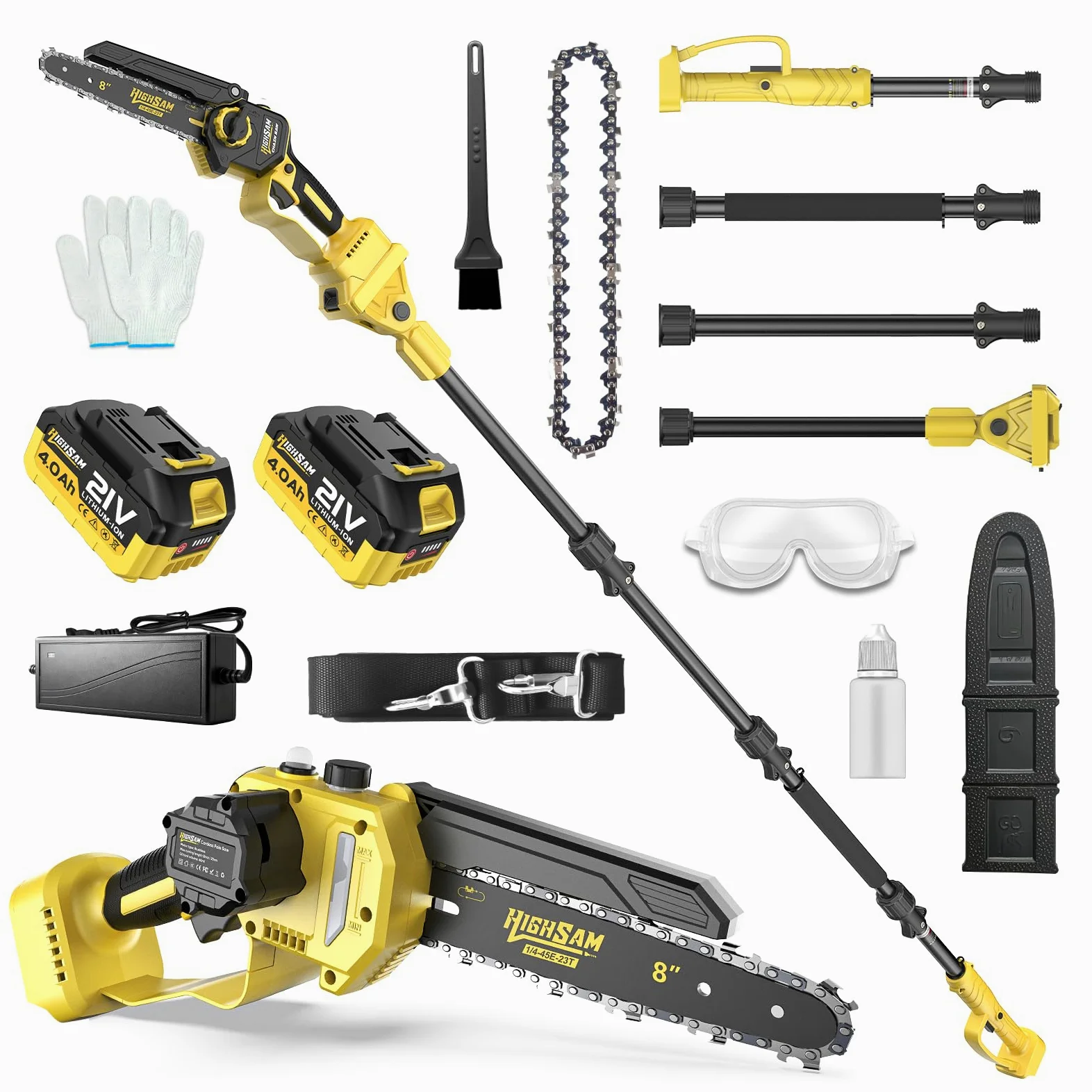 2-en-1 Tronçonneuse à Batterie & Scie à Élaguer, Moteur Sans Balais Compatible Makita 18V, 8 Pouces Mini Tronçonneuse, 2×4.0Ah, Perche 4.2m, Tête 180°, Élagage Branches & Coupe Bois (yel)