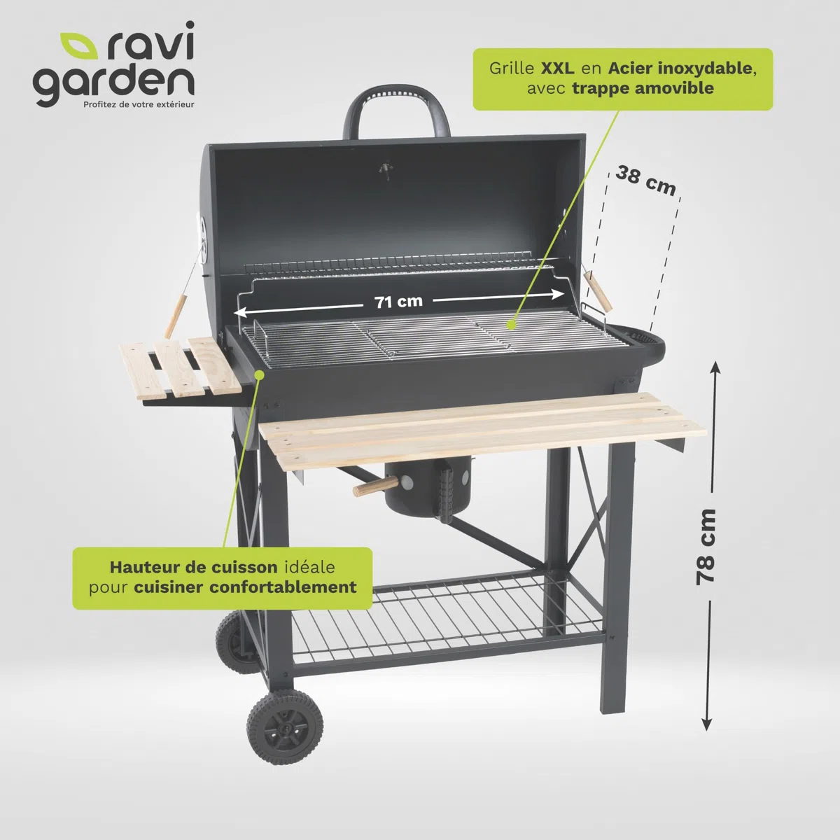 Barbecue Charbon de Bois XXL avec Couvercle, Grille 71x38 cm, 2 Tablettes Rabattables, Récupérateur de Cendres
