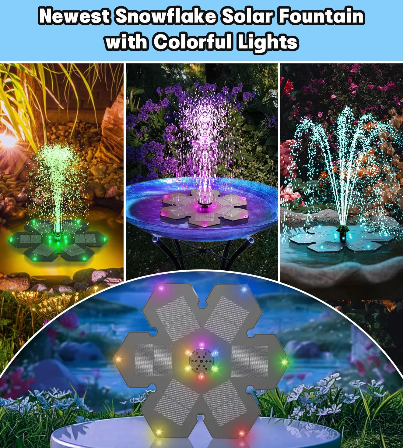 Fontaine Solaire avec LED 3.5W, Pompe Bassin Solaire 2000mAh, 8 Buses pour Bain d'oiseaux, Jardin
