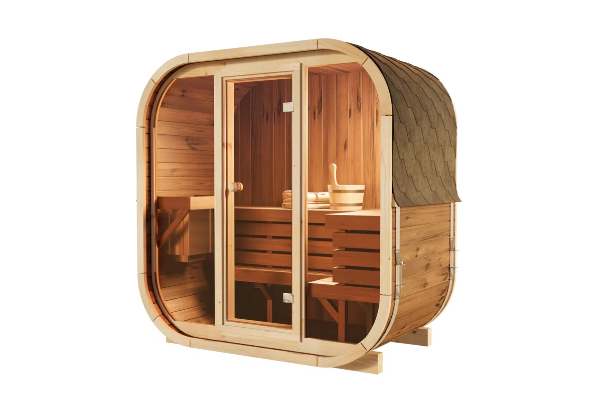 Fasssauna Ellipso M, Moderne Sauna d’Extérieur Incl. Couverture de Toit, Compacte Sauna de Jardin avec Façade en Verre, Sauna d’Extérieur : 196 x 119 x 203 cm (l x p x h), 3 Personnes