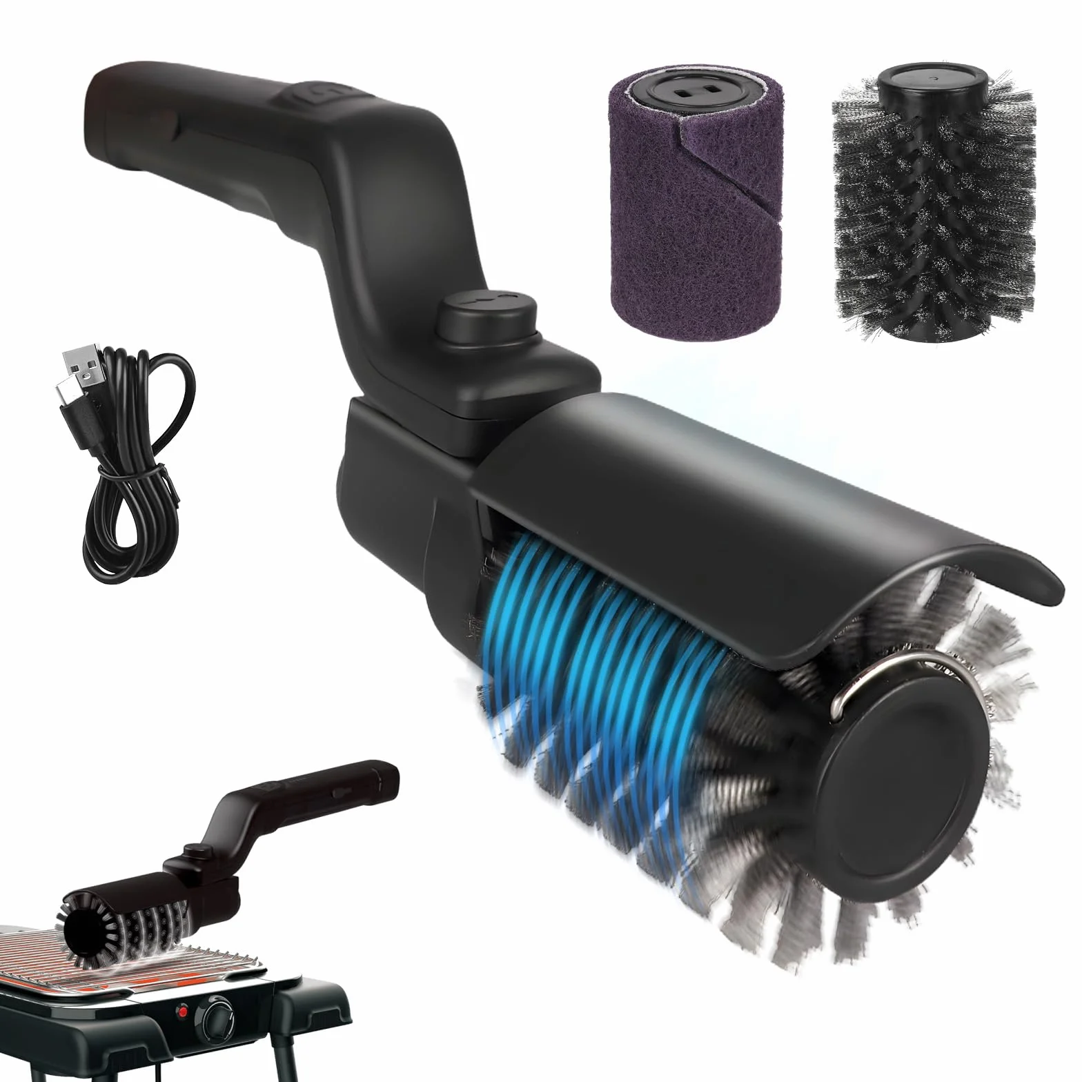 Brosse électrique barbecue batterie angle réglable acier inoxydable nettoyage 3 niveaux autonomie 90 min étanche Noir