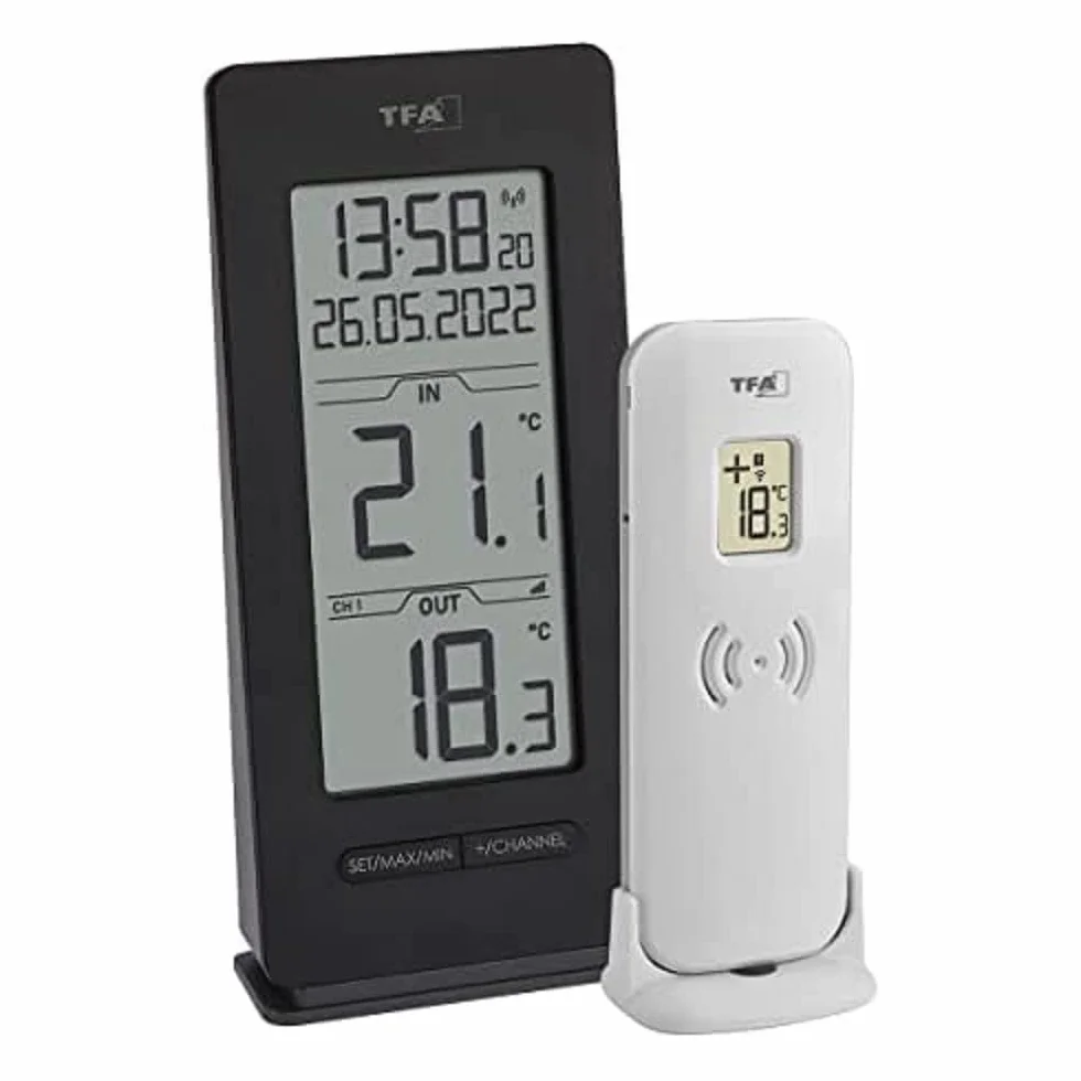 TFA Dostmann termometr cyfrowy 30.3072.01.90 czujnik bezprzewodowy temperatura zewnętrzna i wewnętrzna max/min czarny