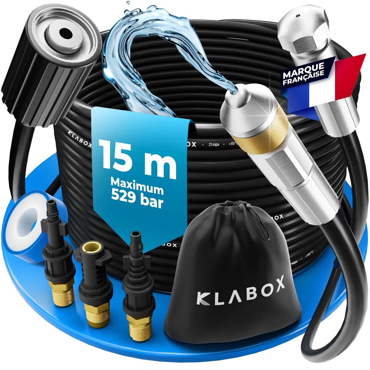 Déboucheur Canalisation Haute Pression 15m Compatible Karcher K2-K7, Lavor, Bosch, Parkside avec Adaptateurs et Buses