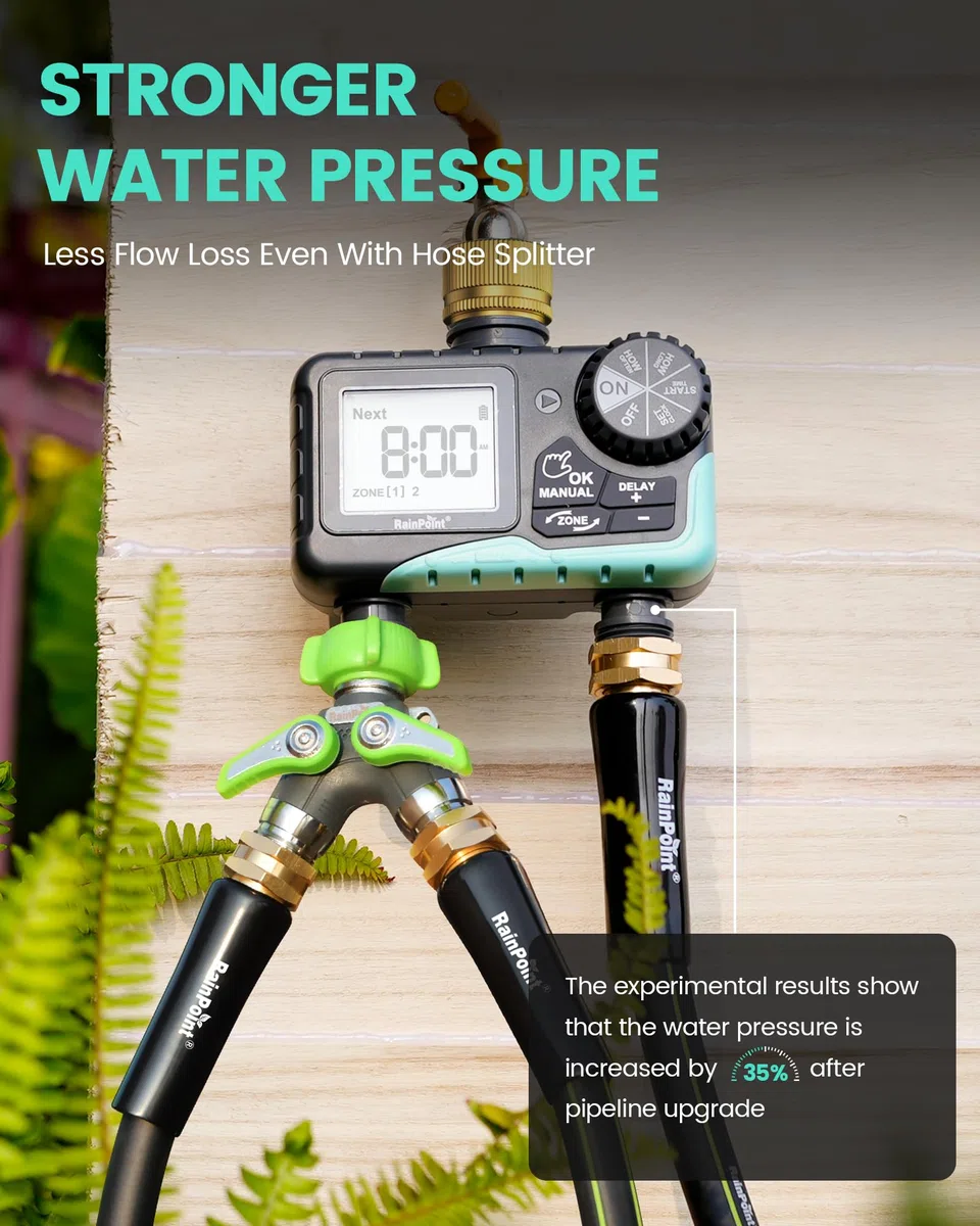 RAINPOINT Minuteur d'arrosage à 2 sorties, minuterie d'eau pour tuyau d'arrosage, pour arrosage extérieur, retard de pluie/contrôleur de système manuel/automatique entrée en laiton, V2