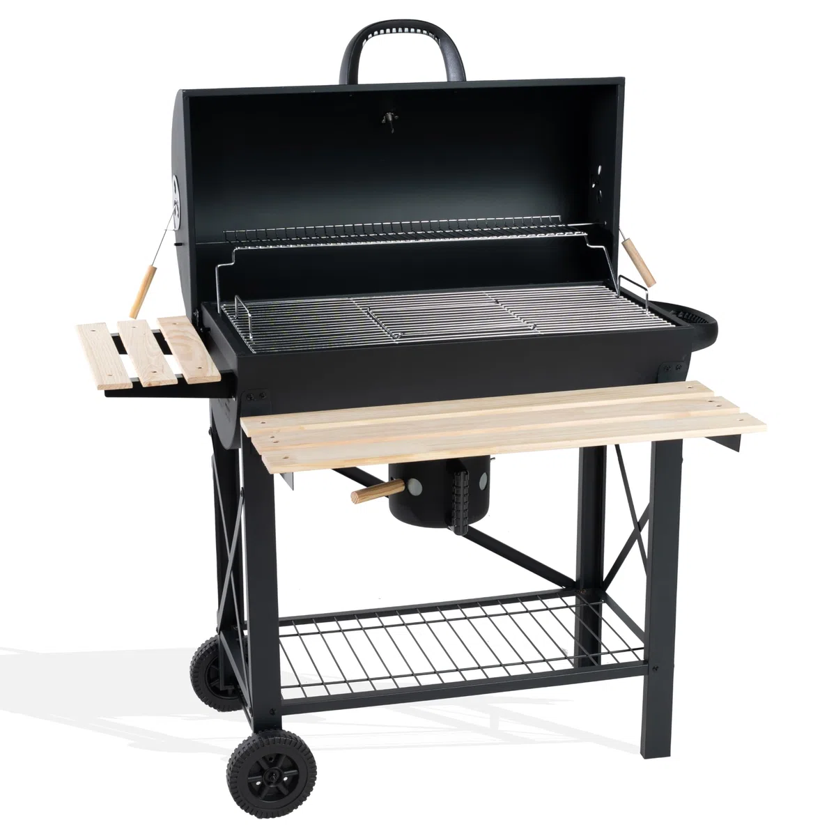 Barbecue Charbon de Bois XXL avec Couvercle, Grille 71x38 cm, 2 Tablettes Rabattables, Récupérateur de Cendres