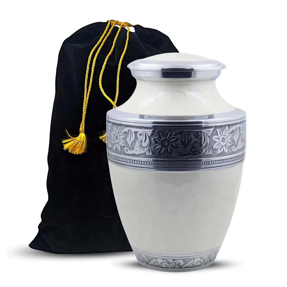 Urne funéraire gravée en argent pour cendres humaines adultes - Urne funéraire blanche nacrée à motif floral - 200 Cu dans une grande urne commémorative en métal avec sac en velours