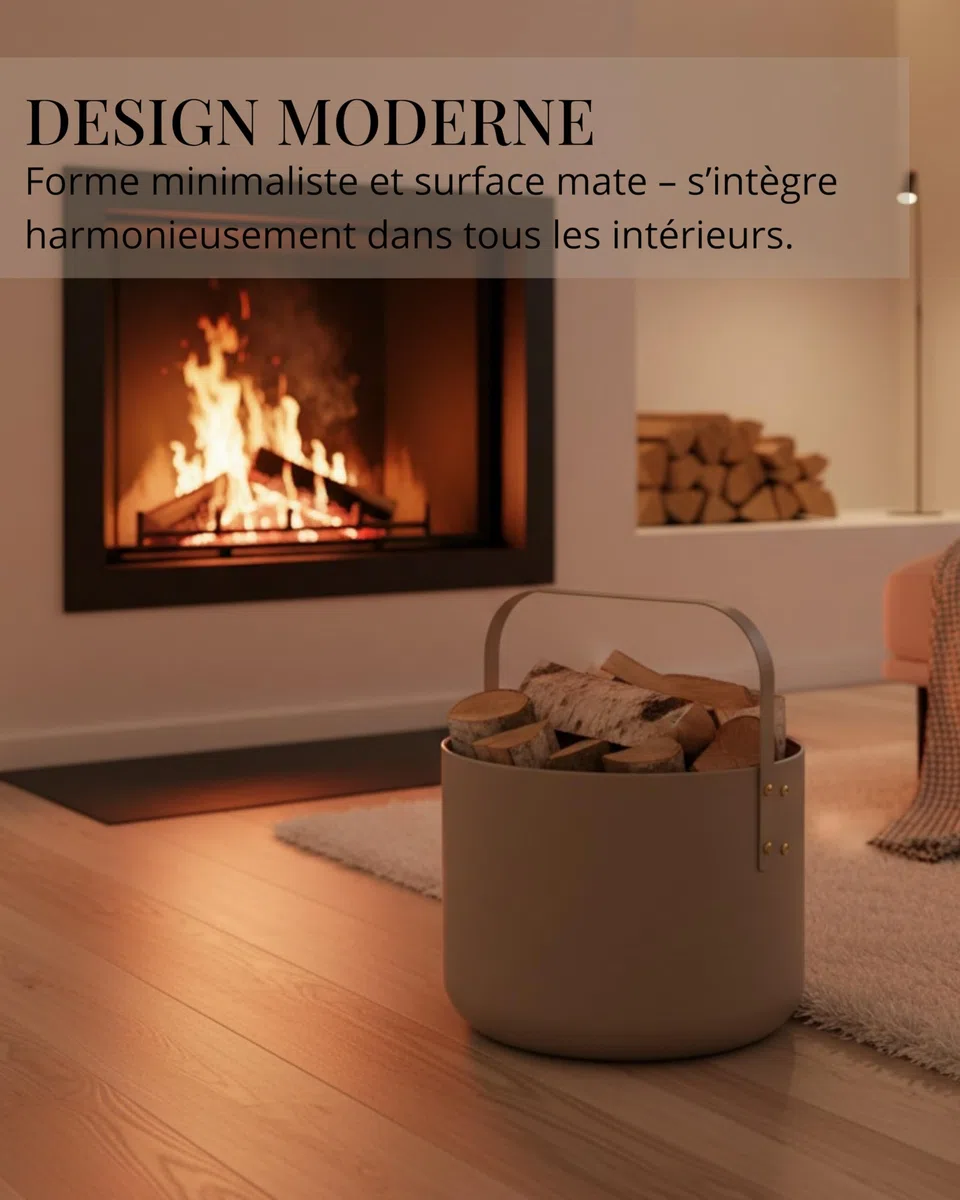 LIVLIG Panier à bûches métal design 36 x 44 cm beige mat - Accessoire cheminée rangement