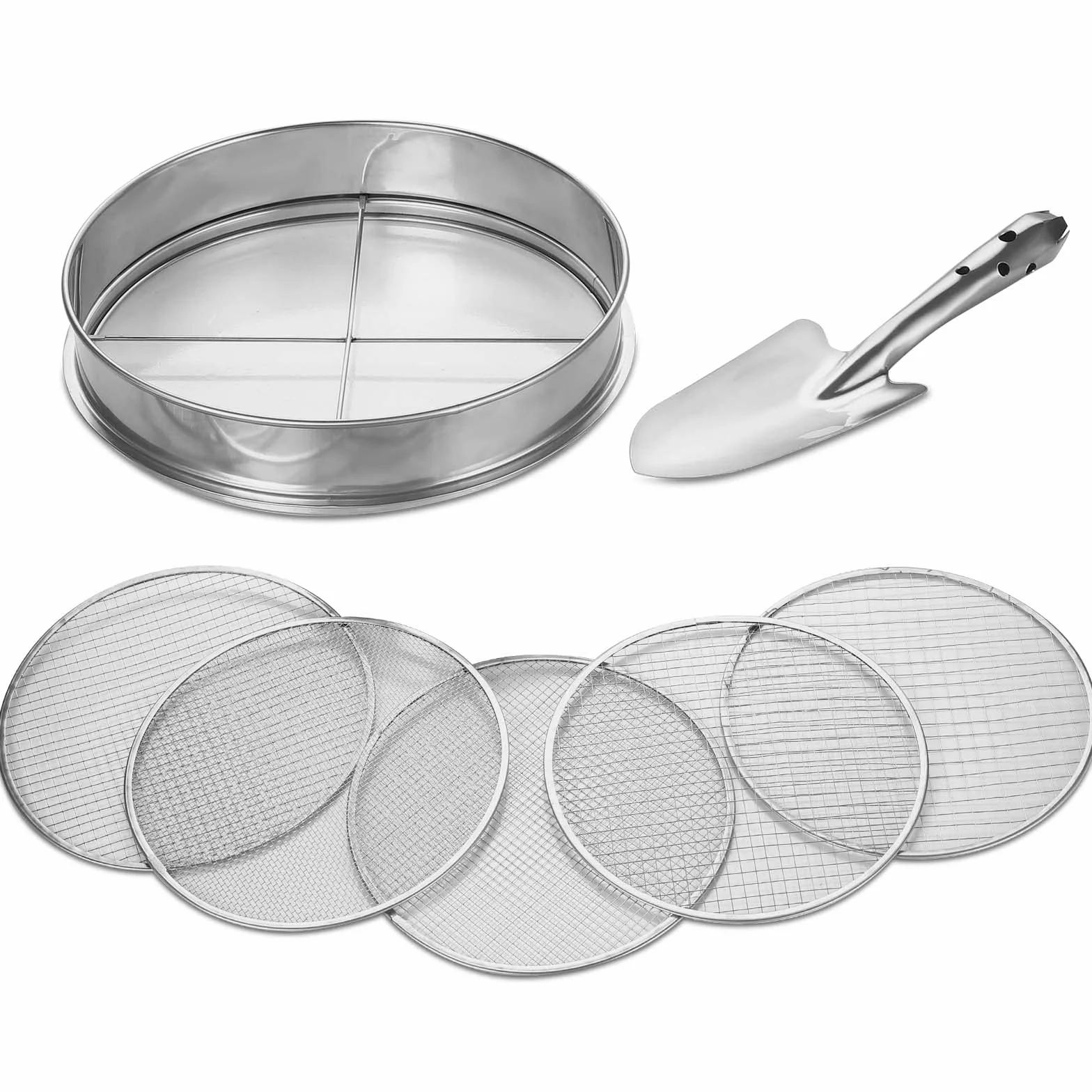 johgee Tamis de Jardin 5en1, Tamis de Sol, Ø 12mm/10mm/9mm/6mm/3mm, Outil de Jardinage Inoxydable avec Pelle