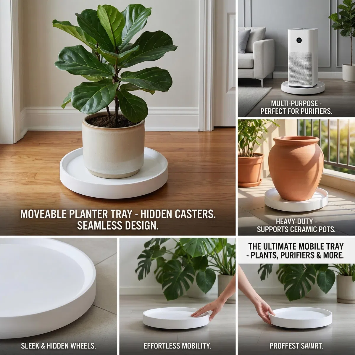 Lot de 2 Plateaux Roulants avec Roues Cachées -Diamètre intérieur 27,5 cm, Cache-pot et Support Mobile pour Plantes, Appareils, Décoration - Intérieur/Extérieur - Blanc