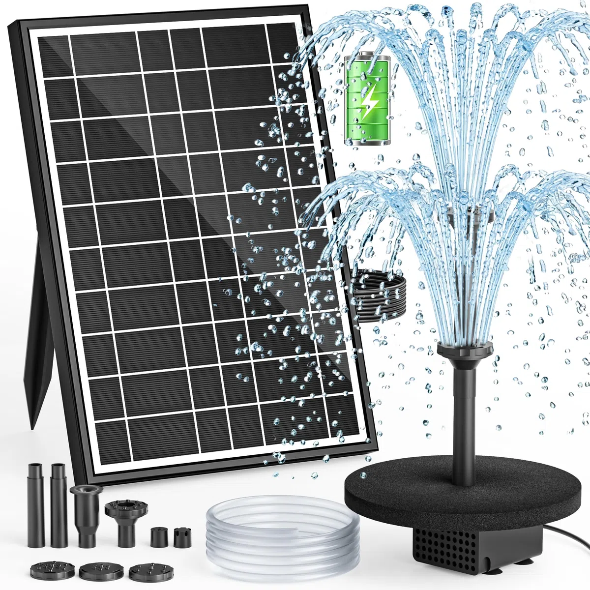 Pompe à Fontaine Solaire avec Batterie, 8.5W Pompe Solaire 3200mAh Intégrée, Buses Double Couche 7+ Modes & Tuyau PVC 1.5m, Fontaine Bassin pour Bac à Oiseaux Jardin