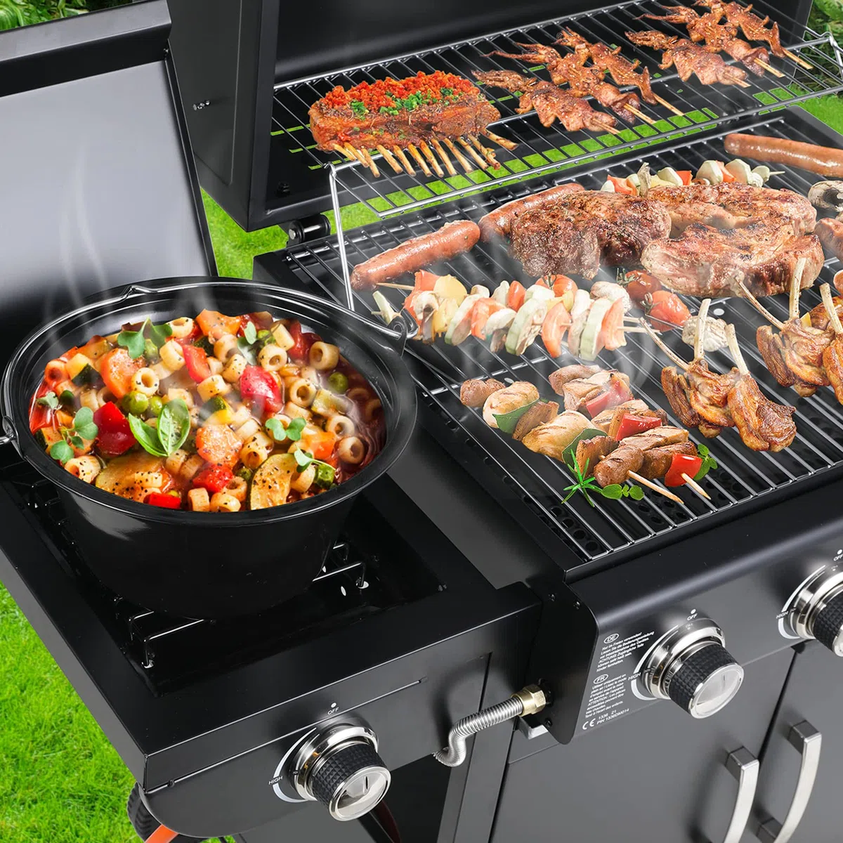 Barbecue Gaz sur Chariot 4+1 Brûleurs 14.05KW avec Plaque Latérale, Thermomètre, Allumage par Impulsion