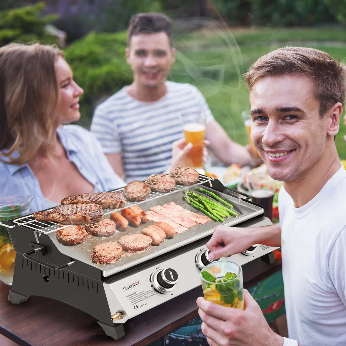 Royal Gourmet Plancha Gaz Propane en Acier Inoxydable, 3 Brûleurs Puissance 7.5kW, Surface Cuisson 61,5 x 32cm avec Grille de Réchauffage, Adapté pour Le Camping et l' Extérieur, Argent