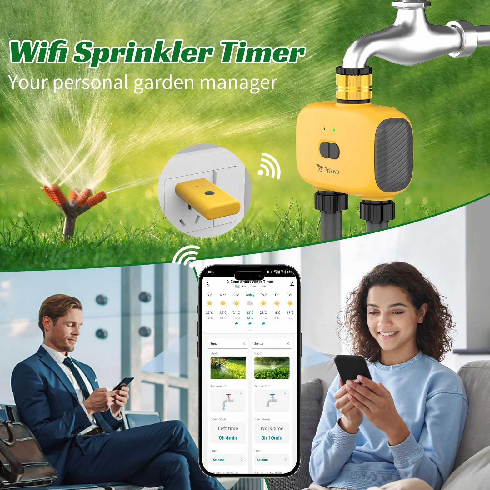 Programmateur Arrosage Automatique WiFi avec 2 Sorties pour Jardin, Pelouse, Programmable Arrosage Automatique de Plein Air,Système D'irrigation Intelligent avec WiFi Hub,Retardement de Pluie