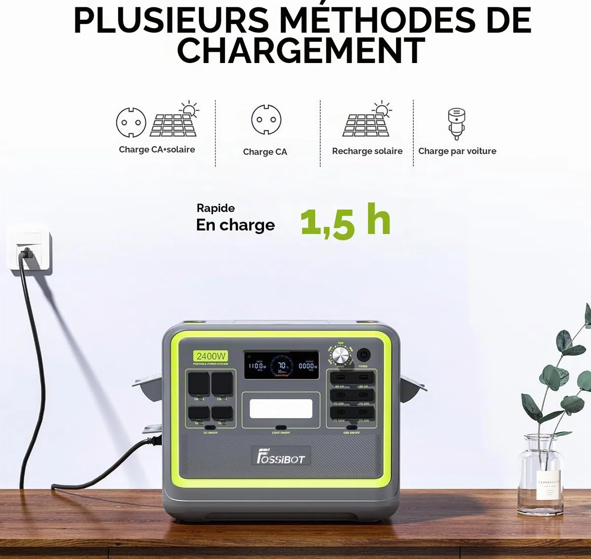 FOSSiBOT F2400 Generateur Electrique Portable, 2048Wh Batterie LiFePO4 Station électrique, 3 Sorties CA 2400W (4800W Pic) 230V Groupe Electrogene Solaire pour Camping, Voyage Maison/Bureau