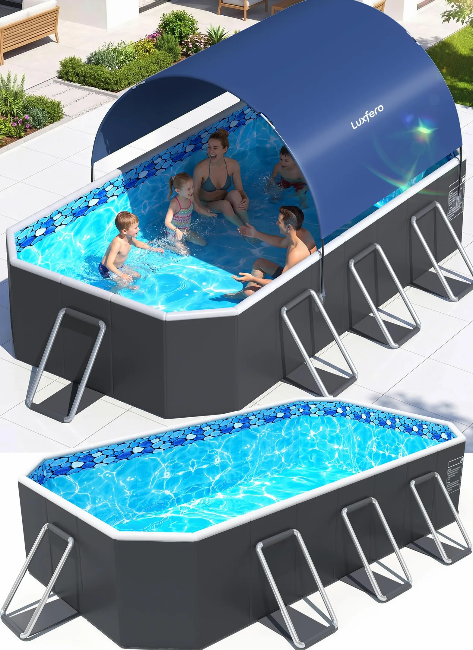 Luxfero Piscine Rectangulaire Tubulaire avec Auvent, Piscine hors sol Pliable Grande, Metal Frame Piscine Tubulaire Épaissi, Facile à Ranger&Épuisement Piscine pour Jardin et Famille,228 x 127 x 50 cm