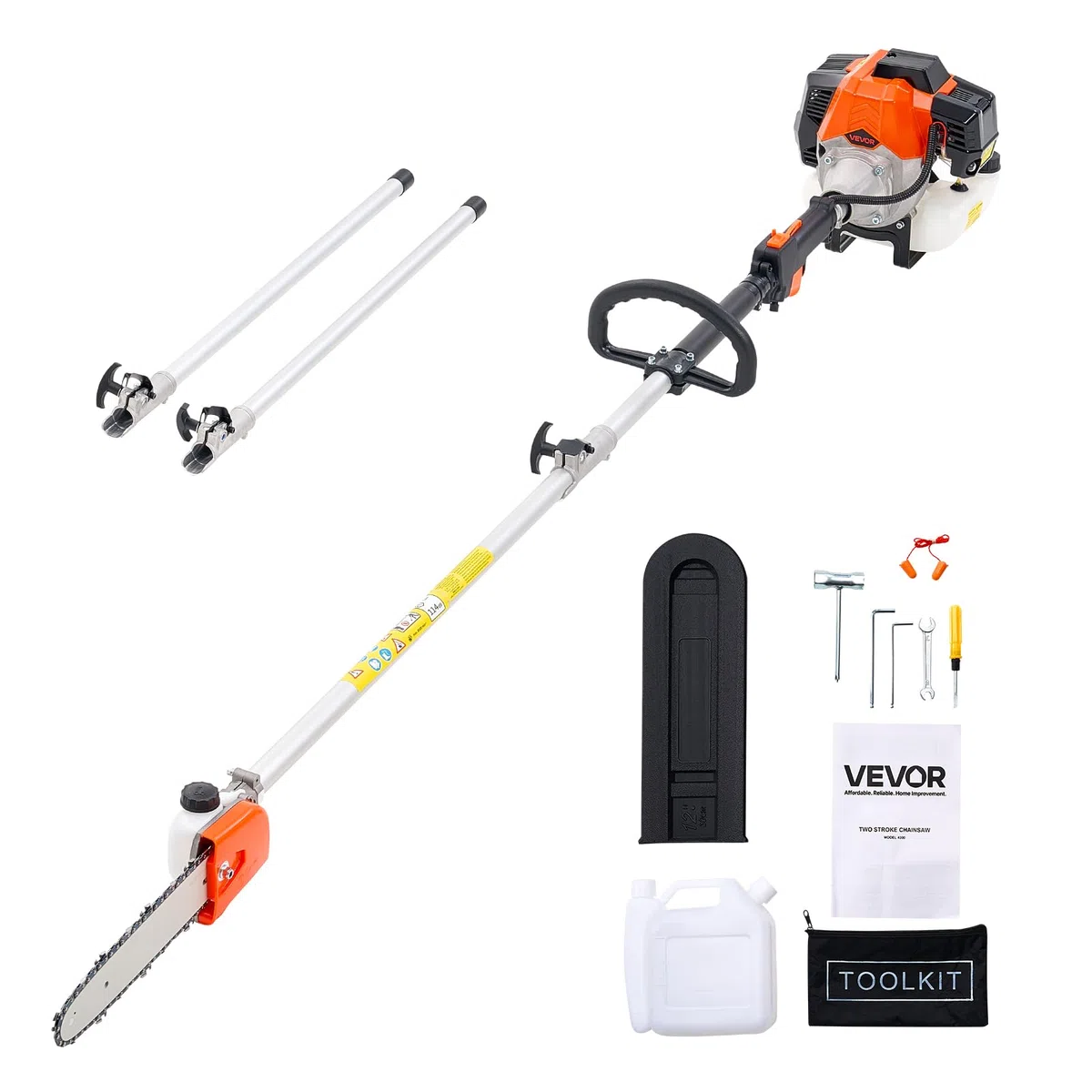 VEVOR Élagueuse Thermique sur Perche à 2 Temps, 43 cc, Élagueuse sans Fil à Essence, avec Perche Extensible 2,08-3,58 m, Guide-chaîne 25,4 cm, Réservoir de Carburant 850 ml, pour Élagage des Arbres