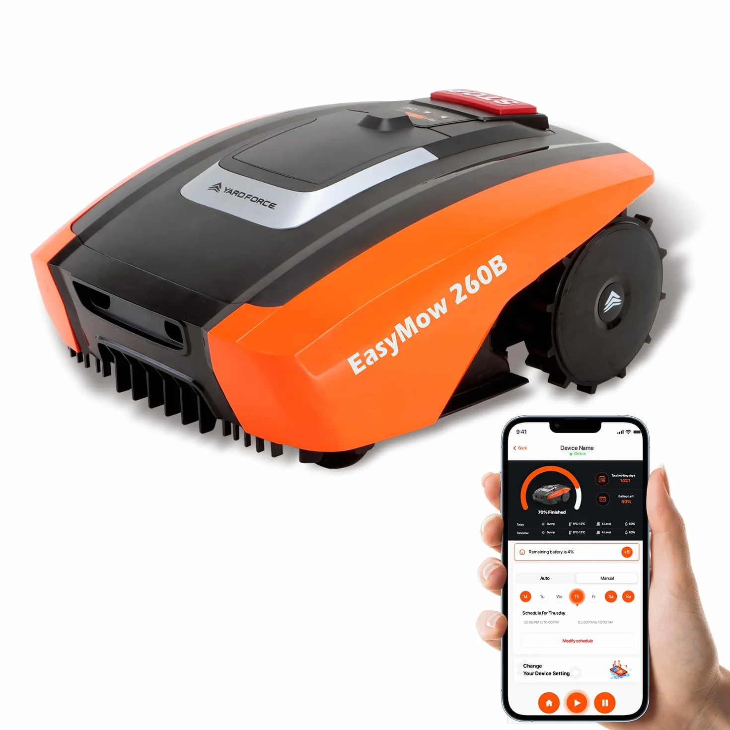 Yard Force Robot Tondeuse Easymow 260B pour Jardins jusqu'à 260m². Noir/Orange