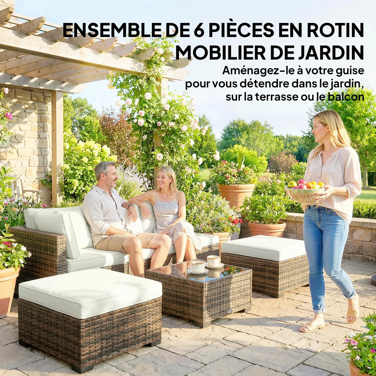 Outsunny Salon de jardin extérieur d'angle 5 places modulable en résine tressée avec canapés, repose-pieds, table basse en verre trempé et coussins, mobilier de jardin, terrasse, patio, crème et jaune