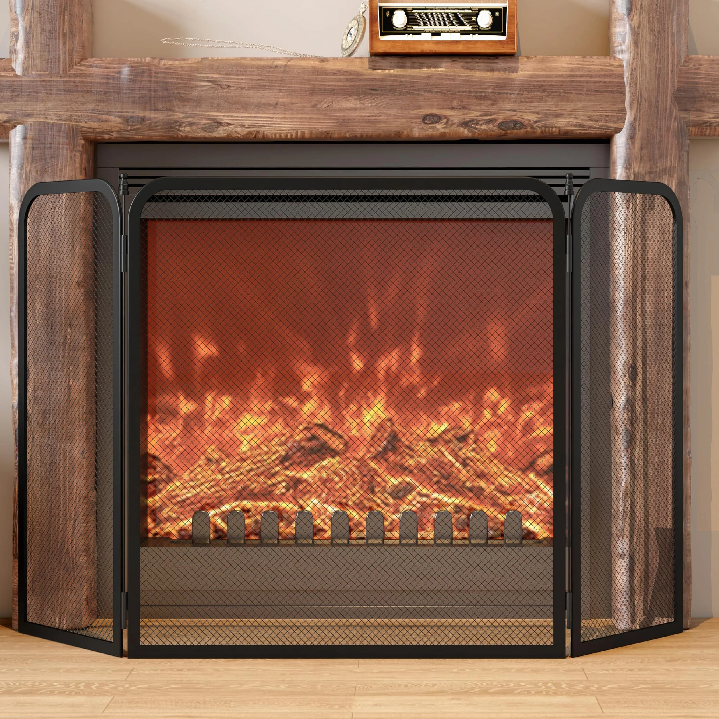 Kinson Écran de cheminée Pare-feu sécurité poêle à bois 96,5 x 53 cm Noir Métal