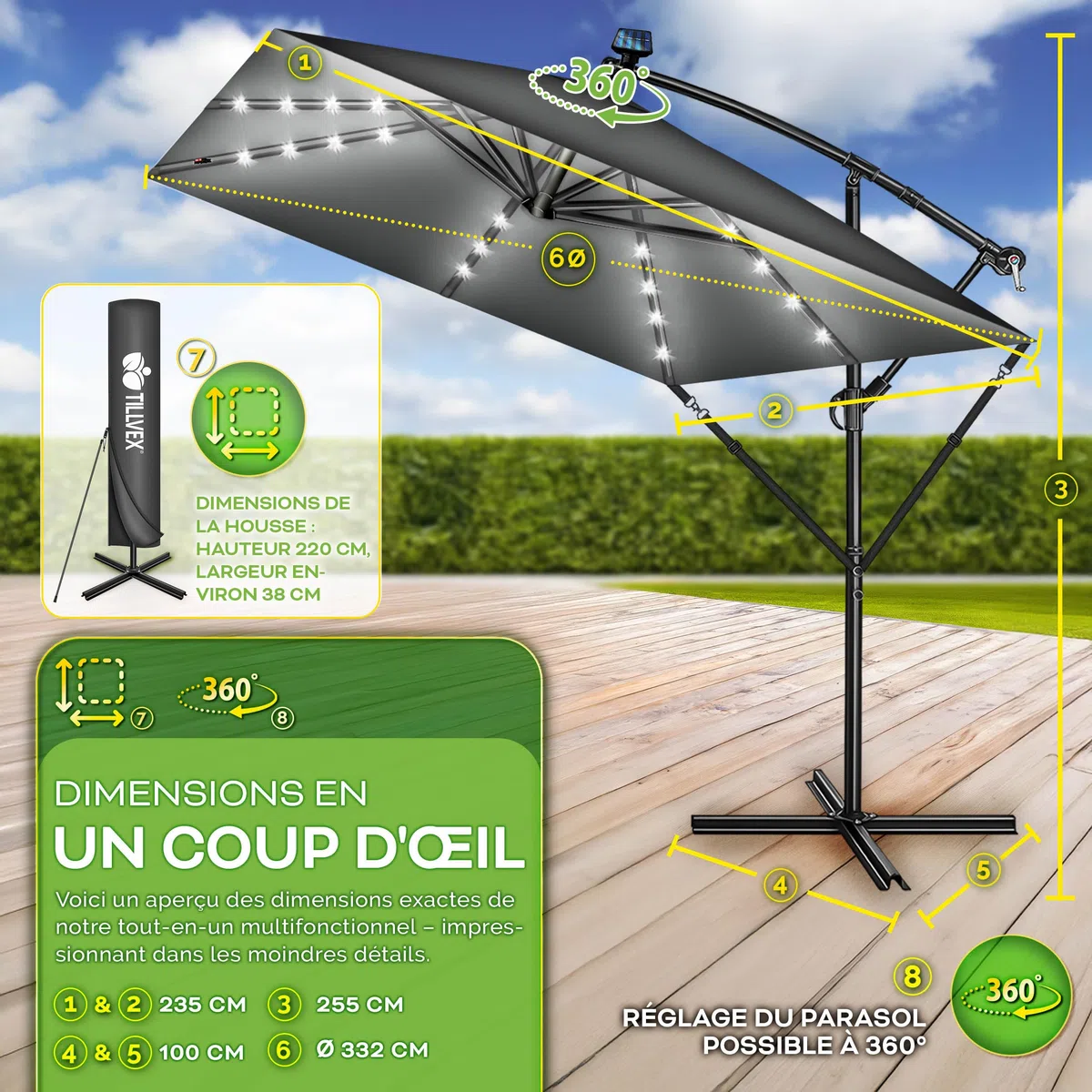 tillvex® Parasol déporté Rectangulaire Ø 330 cm + Housse de Protection & contre le vent | Parasol à manivelle carré avec support | Parasol de jardin Extérieur Anti-UV en aluminium