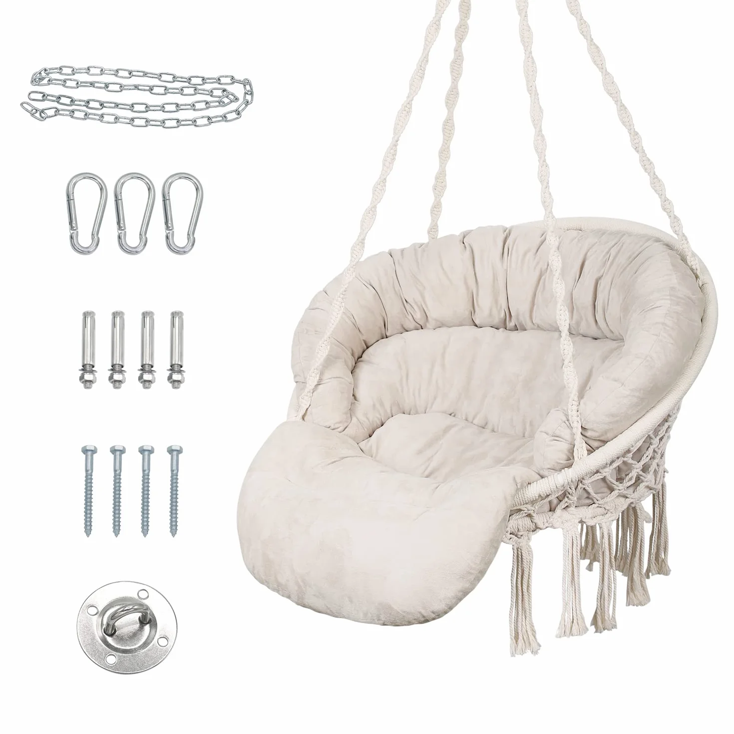 Bathonly Fauteuil Suspendu, Capacité 150 kg, Chaise Coton avec Coussin, Chaise Pivotante en Macramé, Faite à la Main avec Kits de Matériel de Suspension, Bohème, Jardin, Intérieur, Extérieur, Beige