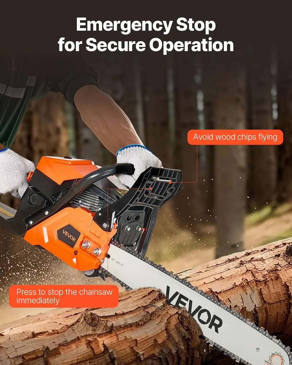 VEVOR Tronçonneuse à Essence 455 mm, Tronçonneuse Thermique 52 cc, 1,8 kW, avec Poignée Antidérapante, Double Réservoir de Carburant, pour Coupe de Bois, Élagage de Branches des Arbres, Défrichement