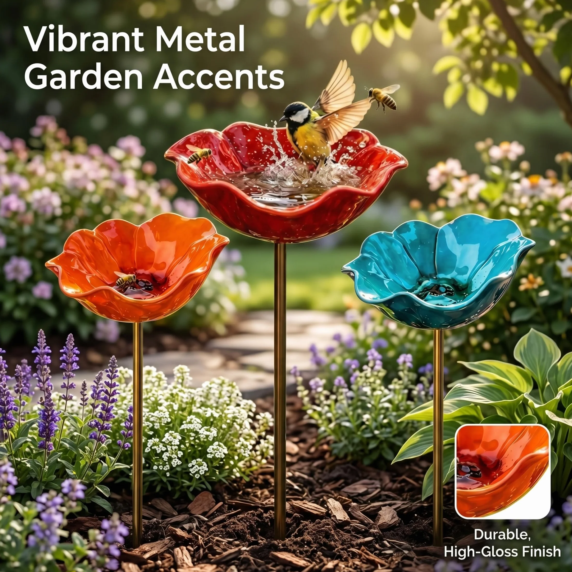 Lot de 3 piquets de Jardin en métal pour Fleurs, Bain d'oiseaux, Multifonctions Extérieur, Bleu, Orange, Rouge