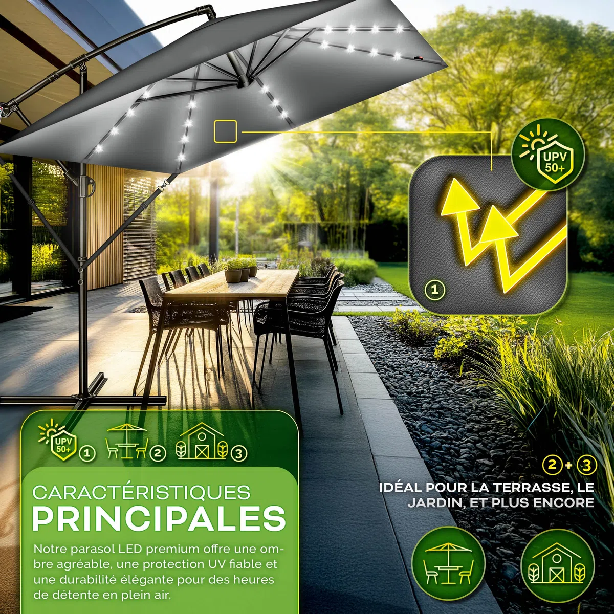 tillvex® Parasol déporté Rectangulaire Ø 330 cm + Housse de Protection & contre le vent | Parasol à manivelle carré avec support | Parasol de jardin Extérieur Anti-UV en aluminium