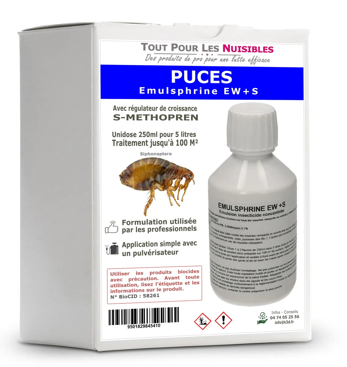 Insecticide liquide concentré Spécial puces et puces de parquet avec régulateur de croissance S-Methopren - EMULSPHRINE EW++S - Flacon de 250 ml pour traiter 100 m² - Conditionné et Produit en France