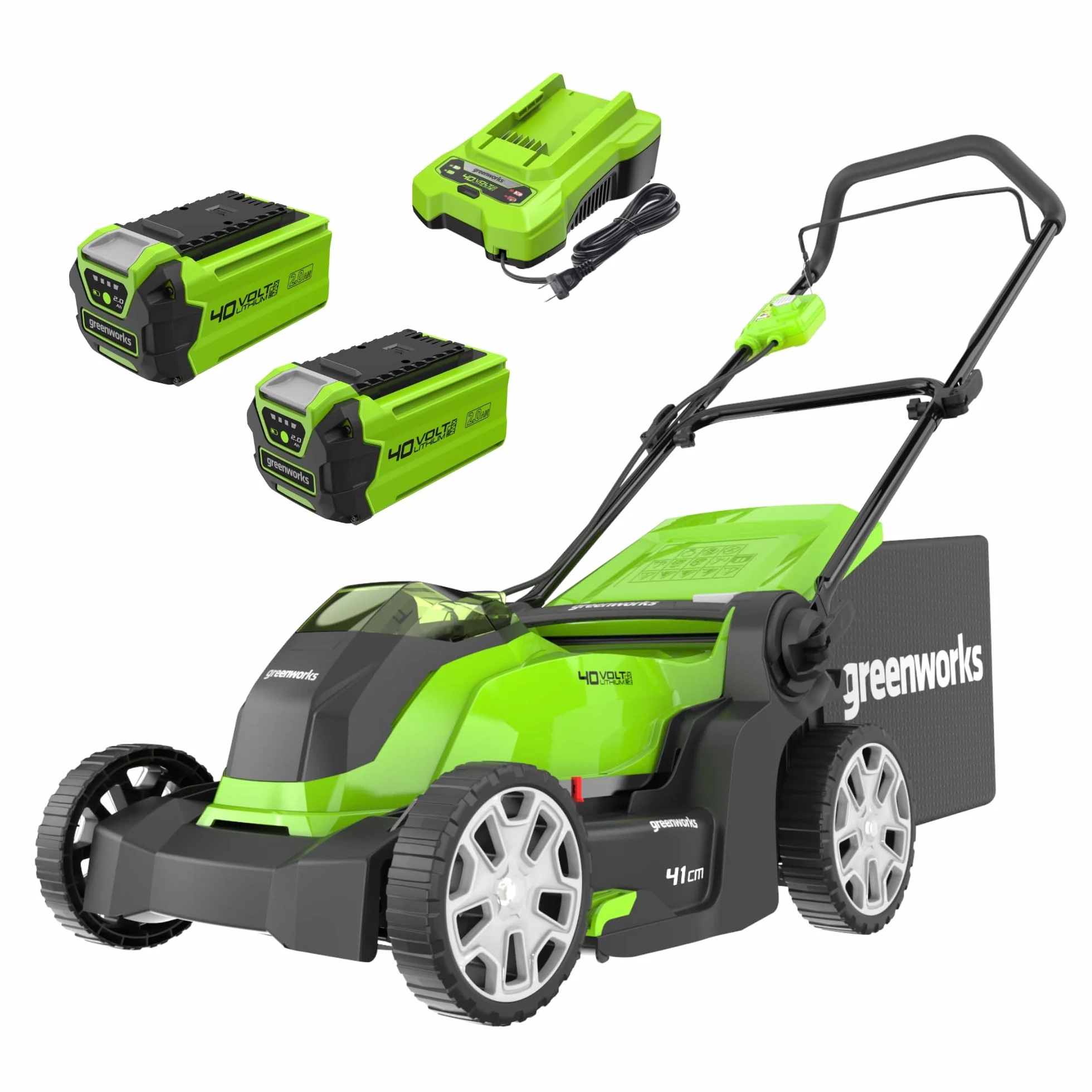 Greenworks G40LM41K2X Tondeuse à Gazon sans Fil pour Pelouses Jusqu'à 500m², Largeur de Coupe 41 cm, Sac de 50L, INCLUS Deux Batteries 40V 2Ah et Un Chargeur, Garantie 3 Ans