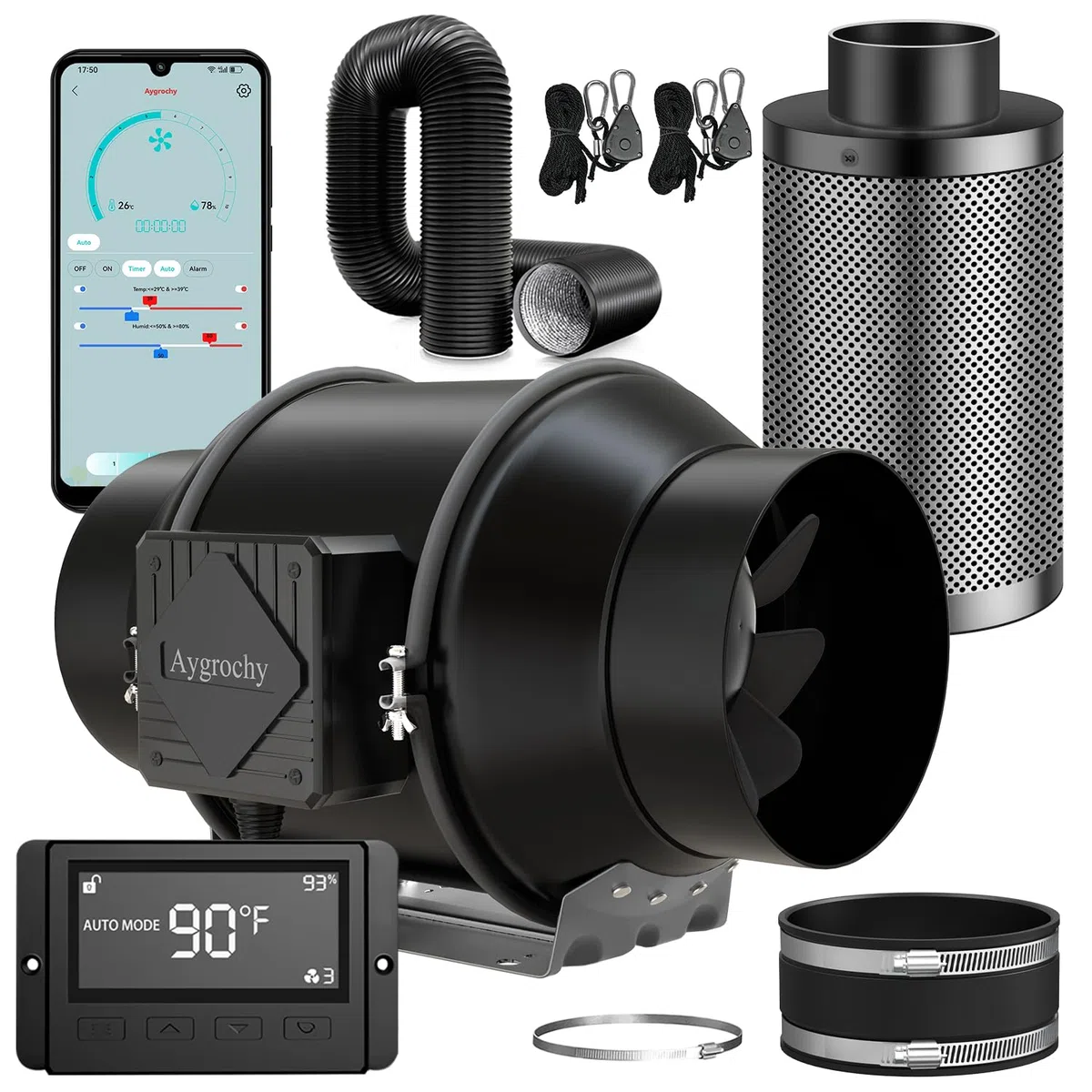 Aygrochy 150mm Wifi App Ventilateur en Ligne Kit avec régulateur de température et d'humidité, Extracteur d'air avec Filtre à Charbon d'air et Tuyau d'évacuation pour Culture hydroponique