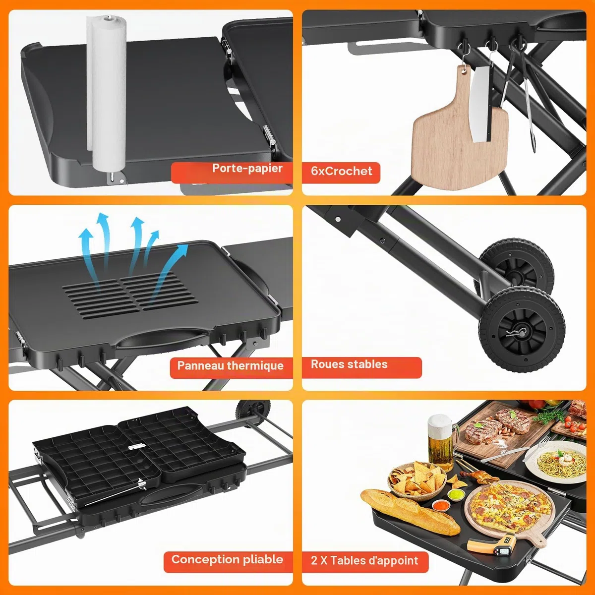 GFTIME Chariot de barbecue portable pour Weber, Ninja, Ooni, Blackstone, Nexgrill, Traeger et autres marques | Chariot de barbecue d'extérieur avec roues, tables