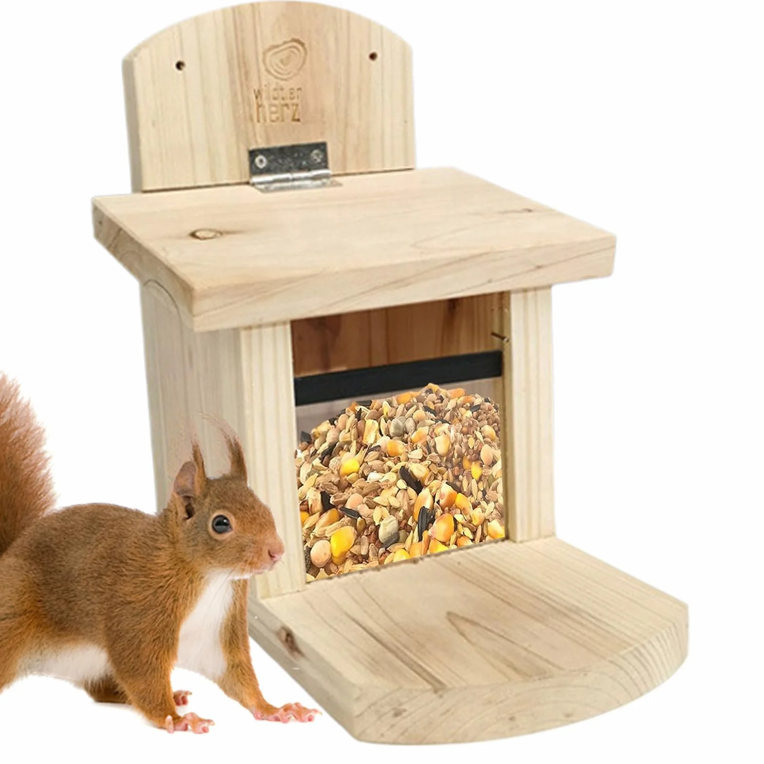 Mangeoire en bois pour écureuils 21 cm station d'alimentation extérieure coupe-vent avec fonction d'hydratation