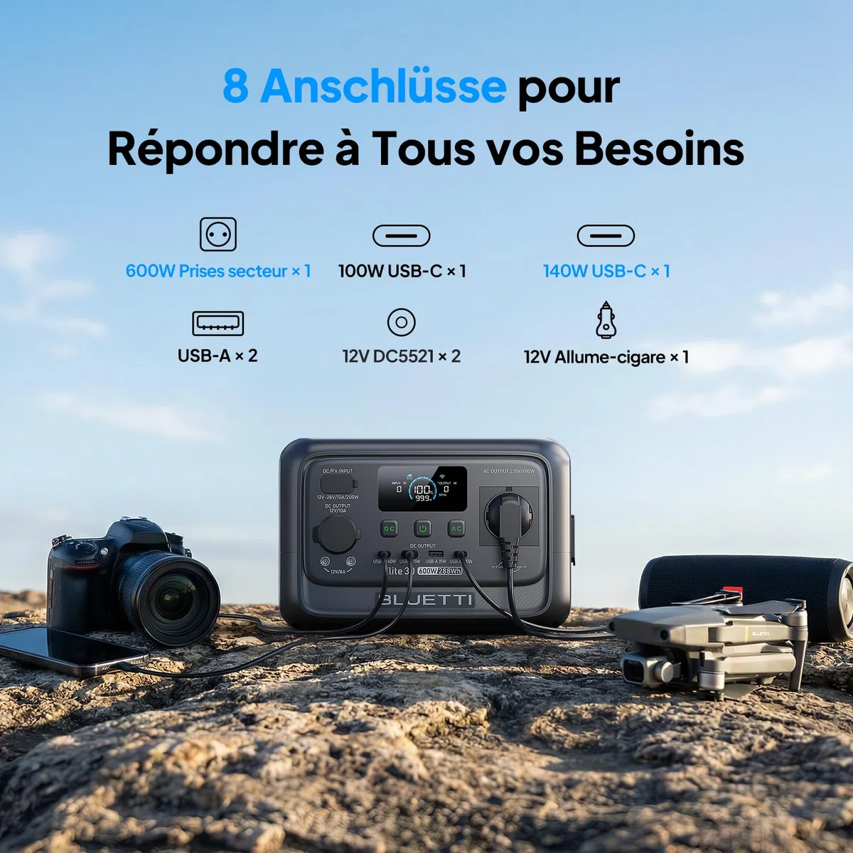 BLUETTI Elite 30 V2 Générateur Électrique Portable, Recharge de 0-100% en 70 Min, 288Wh 600W (Puissance de Surcharge 1500W), Batterie Nomade LFP, Solaire/CAC/Voiture, Pour Panne de Courant, Camping