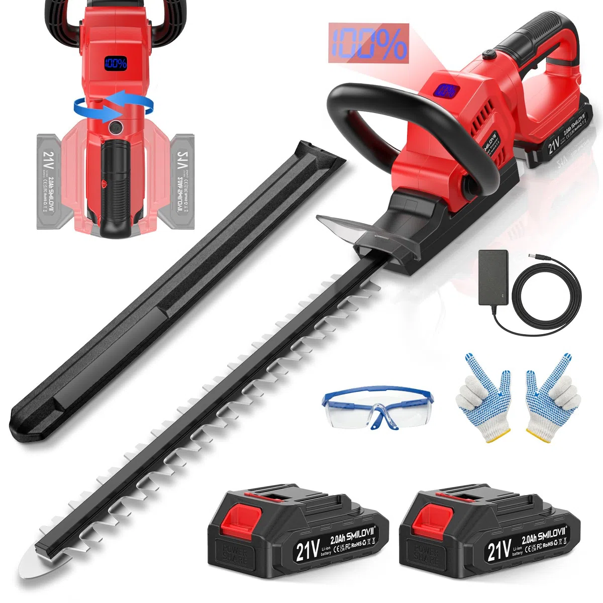 Taille-Haie sans Fil 21V, Moteur 850W, Lame 50cm, Poignée Pivotante 180°, Taille-Haie Électrique Pro avec 2 Batteries Lithium 2.0Ah pour Entretien du Jardin
