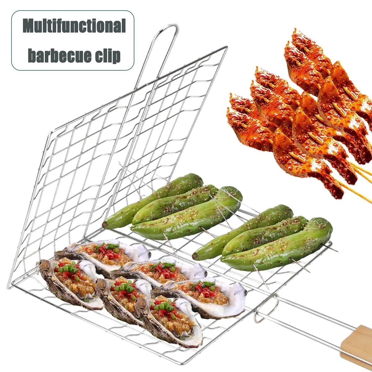 Grille de Barbecue Portable Pliable avec Poignée en Bois pour Poisson 2 Pièces