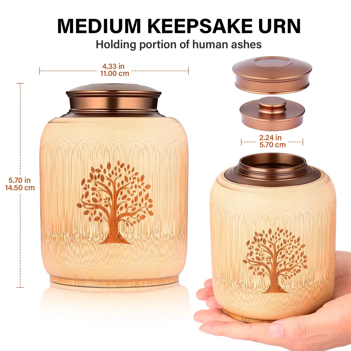 Urne funéraire de Taille Moyenne pour Cendres humaines en Bambou, Urnes funéraires commémoratives pour Cendres humaines Adultes, Femmes et Hommes, Urnes décoratives avec Motif Arbre de Vie, Peut
