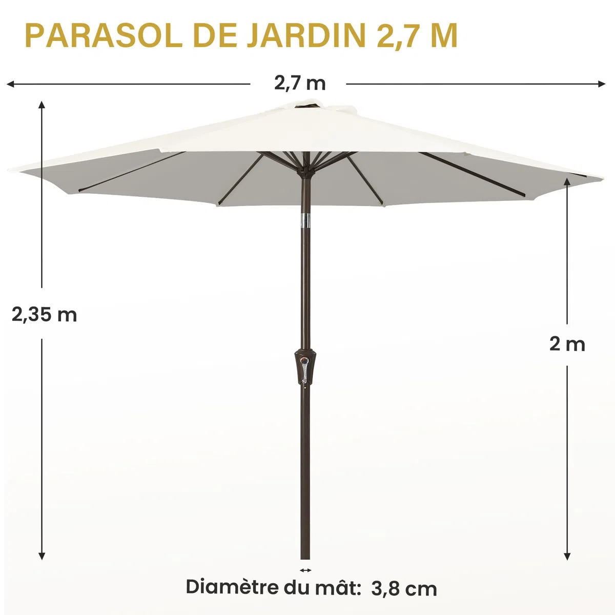 Palawano 2.7M Parasol de Jardin Exterieur Anti UV et Vent, Parasol Terrasse Balcon avec Manivelle pour Café, Jardin, Piscine et Arrière-Cour (Blanc Crème)