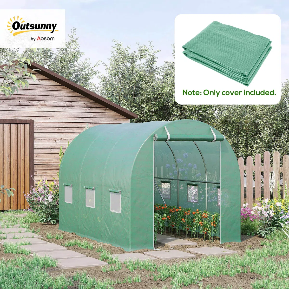 Outsunny Bâche de Rechange Serre Tunnel 6 m², bâche 3 x 2 x 2 m PE Anti-UV imperméable 6 fenêtres + Porte Enroulable zippée Vert