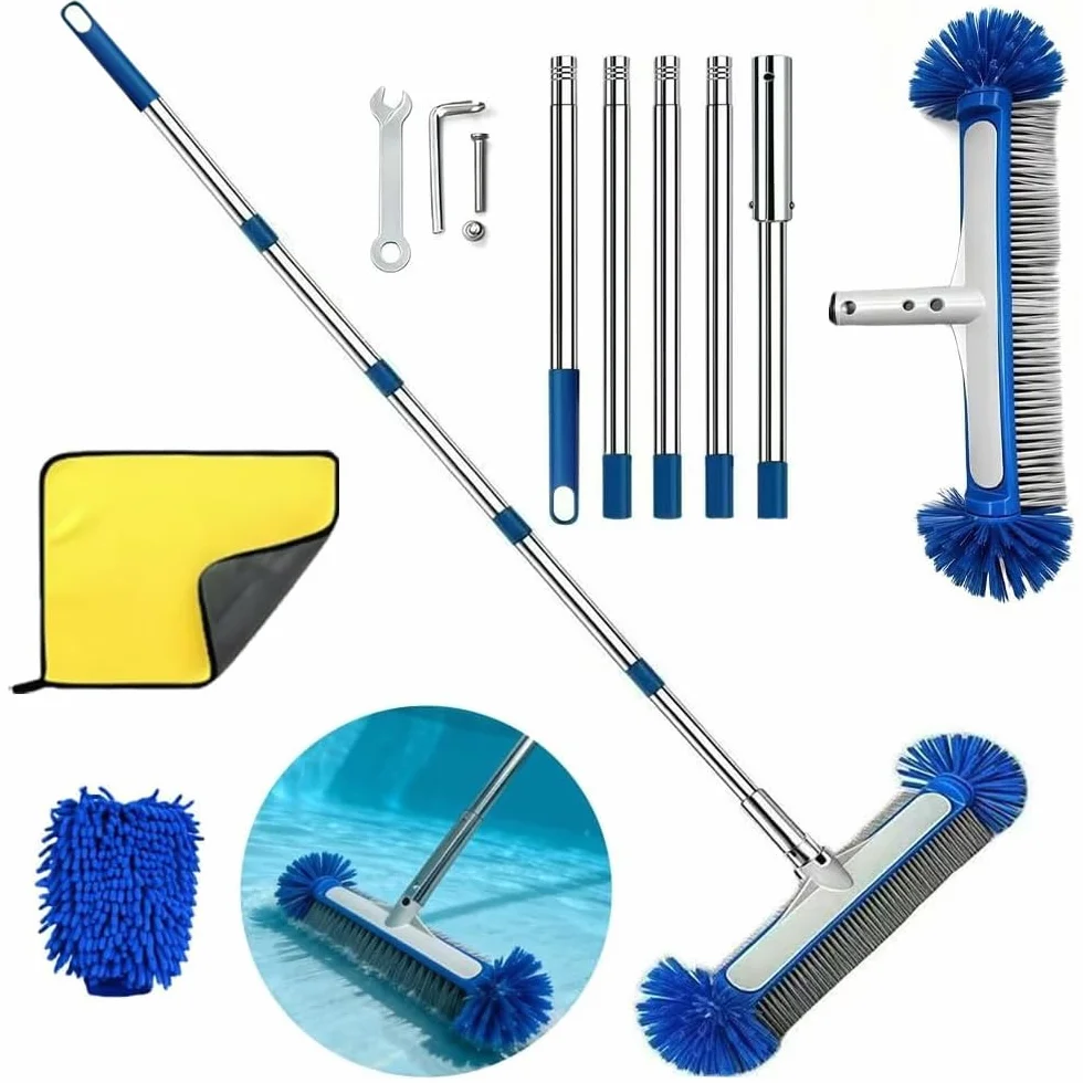 Brosse de Piscine avec Tige Télescopique 194 cm, Tête de Brosse 43 cm, Perche Amovible Acier Inoxydable