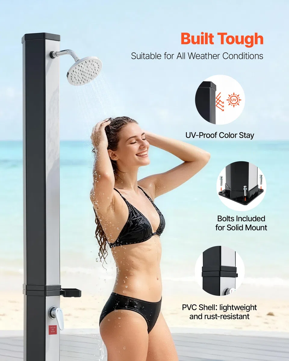 VEVOR Douche Solaire 35 L Douche Extérieur Solaire Autoportante pour Jardin Piscine Plage, Hauteur Pommeau 1,95 m, avec Robinet Lavage des Pieds, Porte-Savon, Réglage Eau Chaude Froide, Noir Argenté